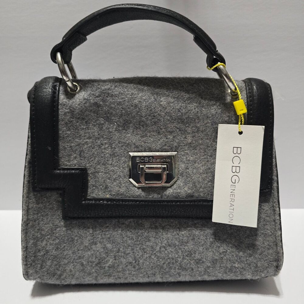 BCBGeneration Women's Heather Grey Black Felt Faux Leather Top Handle Bag